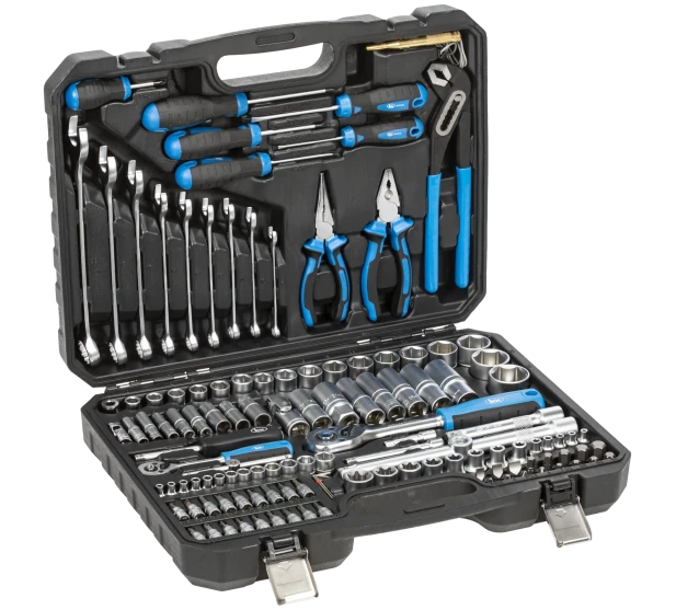 IKH 127 osainen tyokalusarja avattuna ja sivusta kuvattuna sisaltaa hylsyt raikat ruuvimeisselit ja pihdit kuva