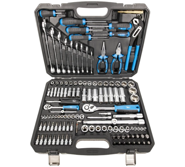 IKH 127 osainen tyokalusarja avattuna sisaltaa hylsyt raikat ruuvimeisselit ja pihdit kuva